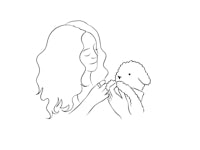 a line drawing of a woman holding a poodle